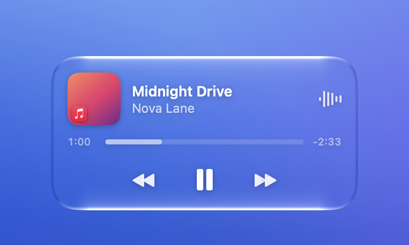 Isly’s player on the Mac’s Lock Screen, in Liquid Glass: Midnight Drive by Nova Lane, with its cover, a scrubber, and back, pause and forward.